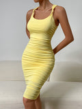 Sexy Sleeveless Wrapping Dress Women Square Neck Elegant Bodycon Evening Dresses Pleated Slip Party Club Wear