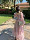 Vintage Long Sleeve One Piece Chiffon Dress for Women Fairy Elegnat French Floral Party Midi Dresses Evening Korean Summer