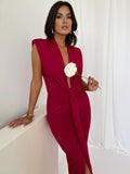 Sexy Deep V-neck Pleated Women Dress Blue Side Split High Waist Elegant Dress Female Summer Bandage Slim Party Vestido
