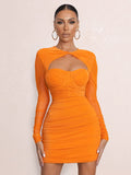 Hollow Out Ruched Sexy Mini Dress For Women Robe New Two Layer Mesh Sheer Long Sleeve Bodycon Sexy Party Short Dress