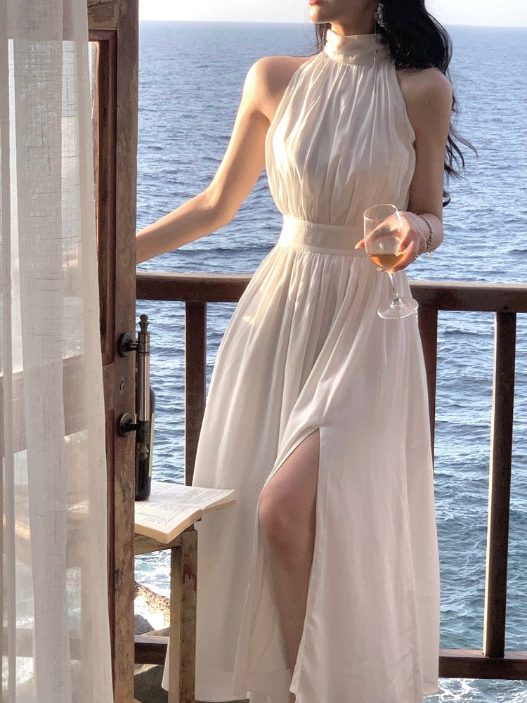 French Elegant Even Party Dress Office Lady Fairy Sleeveless Midi Dress Summer Solid Turtleneck One Piece Dress Korea Chic