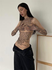 Sleeveless Printed Slim Top High Waist Patchwork Vintage Figures Print T-shirt For Women Sexy See-Through y2k top