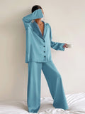 Oversized Satin Silk Sleepwear Low Cut Sexy Pajamas For Women Single-Breasted Long Sleeves Wide Leg Pants Trouser Suits