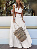 Female Sexy Ruffle V Neck Sleeveless Dress Summer Fashion Lace Waist Party Maxi Dress Elegant Casual Solid Chic Boho Beach Dress