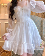 French Sweet Fairy Lolita Dress Women Long Sleeve Lace Y2k Mini Dress Vintage Kawaii Clothes One Piece Dress Korean Summer