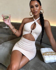 Sexy Hollow Out Skinny Halter Mini Dress Womens Clothing Summer Casual Slim Folds Streetwear Solid Backless Lady Dresses