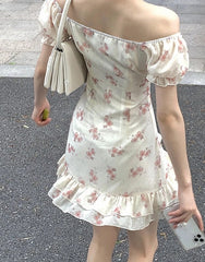 Floral Elegant Short Sleeve Dress Woman Casual Summer Sexy Party One Piece Dress Korean Fashion Beach Vintage Midi Dress