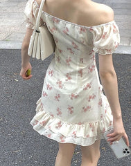 Floral Elegant Short Sleeve Dress Woman Casual Summer Sexy Party One Piece Dress Korean Fashion Beach Vintage Midi Dress