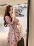 Summer Sweet Elegant Short Party Dress Korean Fashion Floral Mini Dress Beach Long Sleeve Casual Vintage Dress Woman Chic