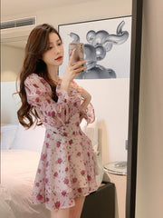 Summer Sweet Elegant Short Party Dress Korean Fashion Floral Mini Dress Beach Long Sleeve Casual Vintage Dress Woman Chic