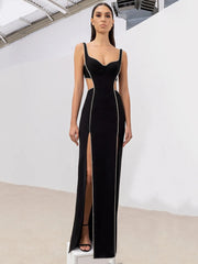Sexy V-neck Hollow out Diamond Split Bandage Dress Elegant Black Sleeveless Crystal Long Bodycon Dress Celebrity Party Club Dres