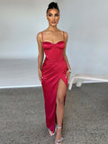 Elegant Satin Hight Split Dress Women Fashion Sexy Spaghetti Strap Ruched Backless Long Evening Dress Party Vestido