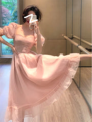 Pink Sweet Midi Dress Woman Casual French Elegant Party Dress Beach Summer Office Lady One Piece Dress Korean Fashion Chic