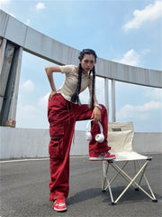 Harajuku Streetwear Red Cargo Pants Women Hip Hop Oversized High Street Y2K Pockets Wide Leg Black Jogger Trousers Female