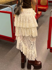 Casual Solid Lace Asymmetrical Skirt Basic Slim Mid-Waisted Mini Skirts Women Summer Fashion Streetwear Ladies