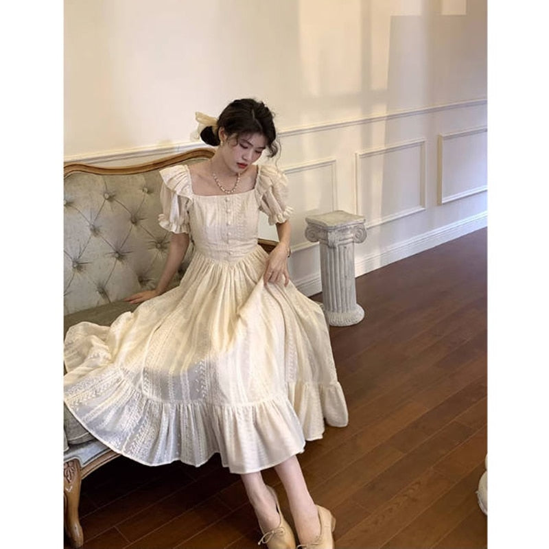 Elegant Square Collar White Dress Summer Fashion Puff Sleeve Ruffle Dress for Women Chic Vintage Maxi Dresses New