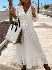 Sexy Solid Ruffles Maxi Beach Dress Summer Fashion Slimming Backless White Dress Elegant Casual Embroidery Lace-up Party Dresses