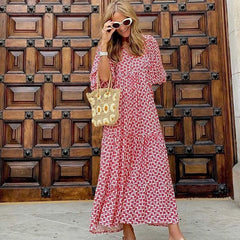 Pbong mid size graduation outfit romantic style teen swag clean girl ideas 90s latina aesthetic Bohemian Summer Dress Women Elegant Lantern Sleeve V Neck Loose Floral Print Beach Party Maxi Long Dresses Vacation Vestido