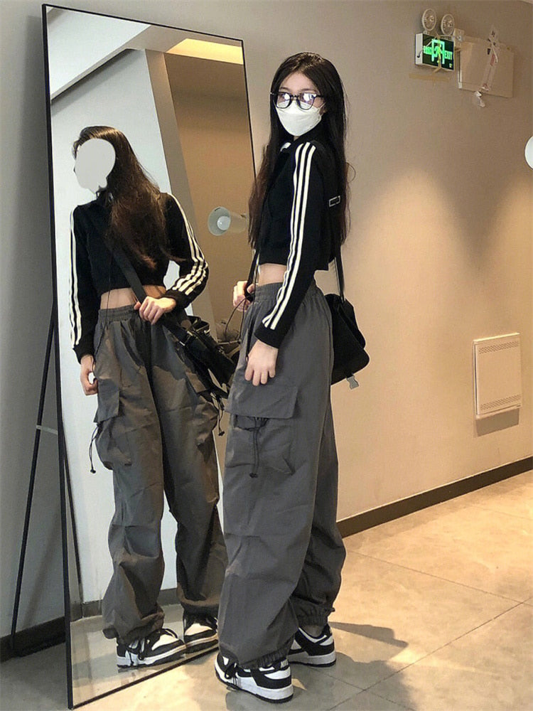 Y2K Streetwear Gray Cargo Pants Women Oversized Hip Hop Egirl Pockets Wide Leg Trousers Korean Style Drawstring Sweatpants