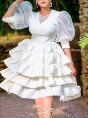 Women White Cake Dresses  Bubble Lantern Sleeves Patchwork Party Fashion Lovely Celebrate Occasion Event Lolita Female Robes New Pbong mid size graduation outfit romantic style teen swag clean girl ideas 90s latina aesthetic