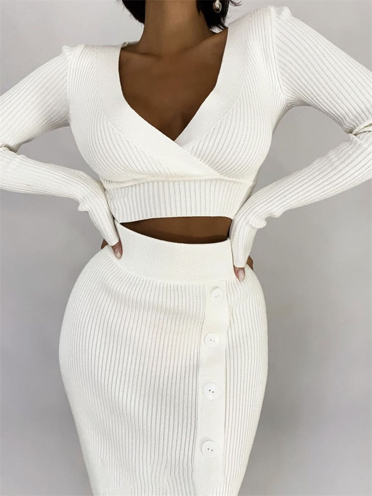 V-Neck Crop Top ANd Midi Skirt Sets Autumn Wrap Slim Bodycon Casual 2 Piece Sets Dress Outfits Women's Knitted Suit
