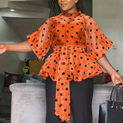 Women White Blouses Polka Dot Peplum See Through Sexy Thin Transparent Half Flare Sleeves Waist Belt Tops Shirt Fashion Bluas Pbong mid size graduation outfit romantic style teen swag clean girl ideas 90s latina aesthetic