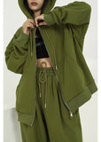 Women's Green Zipper Hoodie Long Sleeves Casual Baggy Wide Leg Long Pants Two Piece Set Vintage Sports Style Suit Ladies