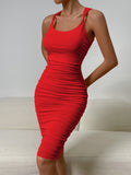 Sexy Sleeveless Wrapping Dress Women Square Neck Elegant Bodycon Evening Dresses Pleated Slip Party Club Wear