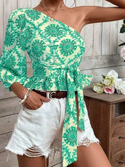 Women New Pattern Print One Shoulder Blosues Sexy Skew Collar Waist Lace-up T-Shirt Top Fashion Casual Office Long Sleeve Blusas