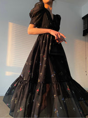 Vintage Black Floral Midi Dress Women Short Sleeve French Elegant Dress Beach Summer Casual Korean Evening Party Dress