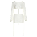 Gradient Knit Hollowed-out Two Piece Set Women See-through Backless Long Sleeve Cropped top +Low Waist Fringed Skirt Suit