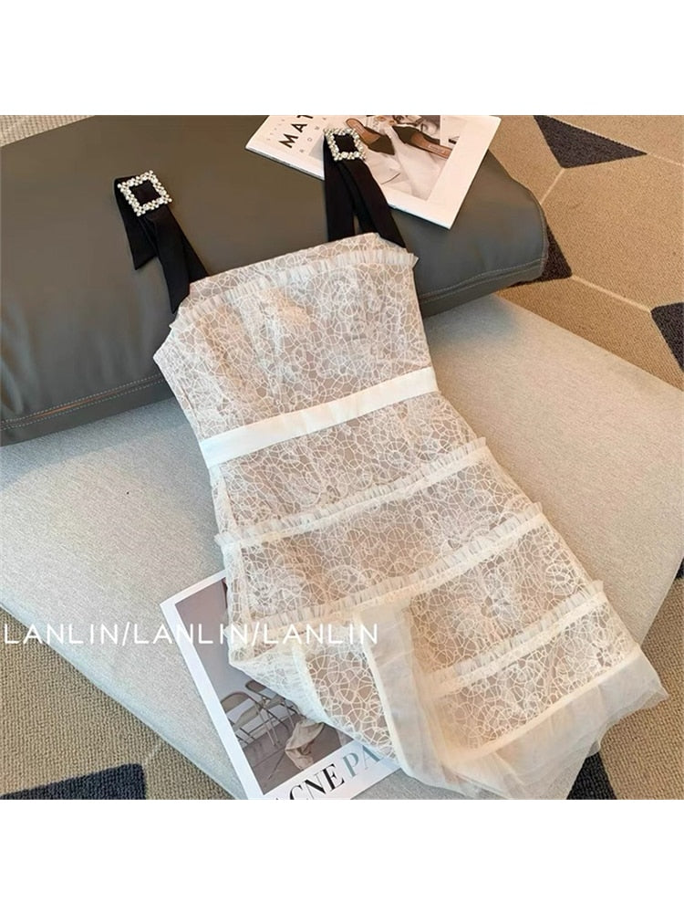 Pbong mid size graduation outfit romantic style teen swag clean girl ideas 90s latina aesthetic French Vintage Dresses Women Fashion Sexy Lace Sleeveless Elegant Mini Frocks  Summer Slim Party A-line Vestidos Y2k Mujer