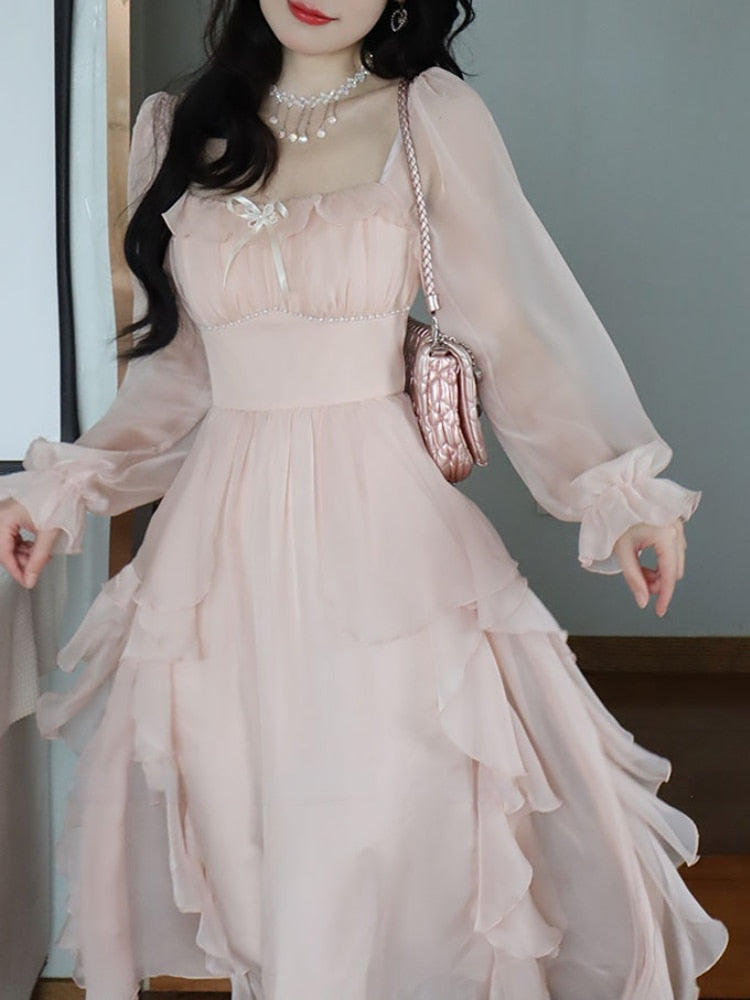 Summer Pink Chiffon Vintage Fairy Dress Women Korean Style Elegant Party Midi Dress Female Court Retro Flare Sleeve Dresses