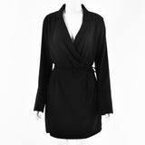 Black Satin V-Neck Shirt Dress Women  Spring Flare Sleeve Lace Up Mini Dresses Elegant Ladies Party Vestidos