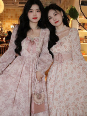 Spring Pink Floral Elegant Dress Women Bandage Lace Print Sweet Vintage Dress Puff Sleeve Kawaii Dress Women Princess Fairy