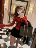 Spring Red Knitted Cardigan Women Long Sleeve Slim Sweater Office Lady Outwear Y2k Crop Tops Female Korean Fashion Clothing