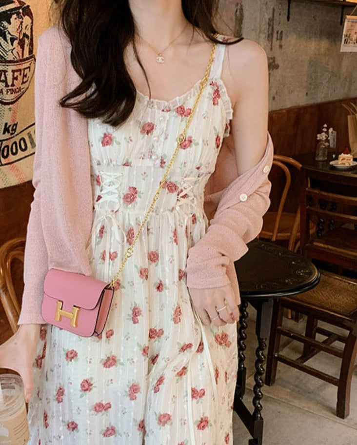 Floral Elegant Slip Dress Women Belt Designer Korean Fashion Party Dress Female Casual Vintage Chic Summer One-piece Dress