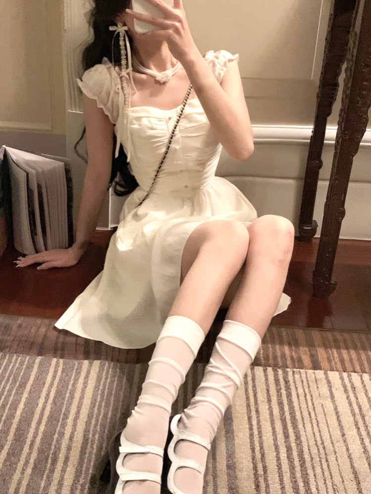Summer Elegant Vintage Mini Dress Women Backless Causal Short Party Dress Office Lady One Piece Dress Korean Fashoin Chic