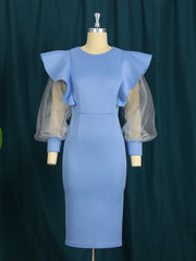 Pbong mid size graduation outfit romantic style teen swag clean girl ideas 90s latina aestheticWomen Blue Dress Ruffle Bodycon O Neck Long Tulle Sleeve See Through Pathwork Party Elegant Events Christmas Party Evening Robes