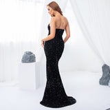 Sexy Split Sleeveless Stretch Sparkle Sequin Floor Length Party Dress Strapless Padded Bodycon Mermaid Maxi Dress Black