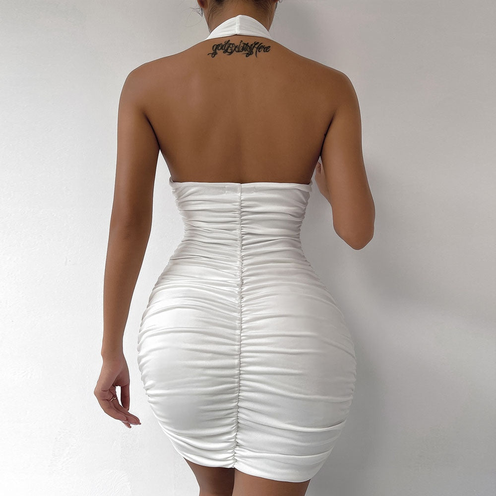 Fairyshely Sexy Ruffle V Deep Evening Party Dress 2023 Summer Short White Halter  Dresses Women Tight Club Mini Dress Clubwear