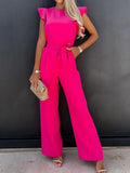 Summer Fashion Waist Lace-up Party Wide Leg Pant Women Elegant Solid Ruffle Sleeve Jumpsuit Casual Office O Neck Romper Overalls