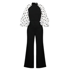 Women Black Jumpsuits Patchwork Sleeves Polka Dot See Through High Waist Slim Elegant Office Ladies One Piece Fashion Bodysuit  Pbong mid size graduation outfit romantic style teen swag clean girl ideas 90s latina aesthetic