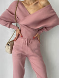 Sexy Off Shoulder Knitted Two Piece Set Women Long Sleeve Sport Tracksuit 2 Piece Sweater Pants Suits Matching Sets For Women