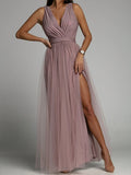 New Solid Lace Mesh Ladies Robe Dress Sexy Sleeveless Folds Maxi Birthday Dress Fashion V Neck Tunic Bandage Party Evening Dress