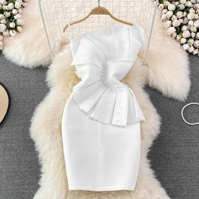 Pbong mid size graduation outfit romantic style teen swag clean girl ideas 90s latina aesthetic Fashion Party Dresses For Women  Sleeveless Beaded Pleated Ruffles Strapless Sexy Bodycon White Dress Luxury Elegant Dress