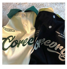 Vintage Short Sleeve Tees for Men  Summer New POLO Collar American Letter Baggy WOMAN T-SHIRT Student BF Button Preppy Tops