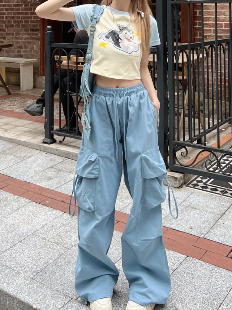 Korean Style Blue Cargo Pants Women Y2K Streetwear Retro Wide Leg Parachute Trousers Oversize Harajuku Pockets Pantalones
