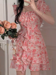 Autumn Beach Floral One Piece Dress Korean Ladies Short Sleeve French Elegant Dress Fashion Party Casual Vintage Midi Dress