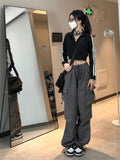 Y2K Streetwear Gray Cargo Pants Women Oversized Hip Hop Egirl Pockets Wide Leg Trousers Korean Style Drawstring Sweatpants